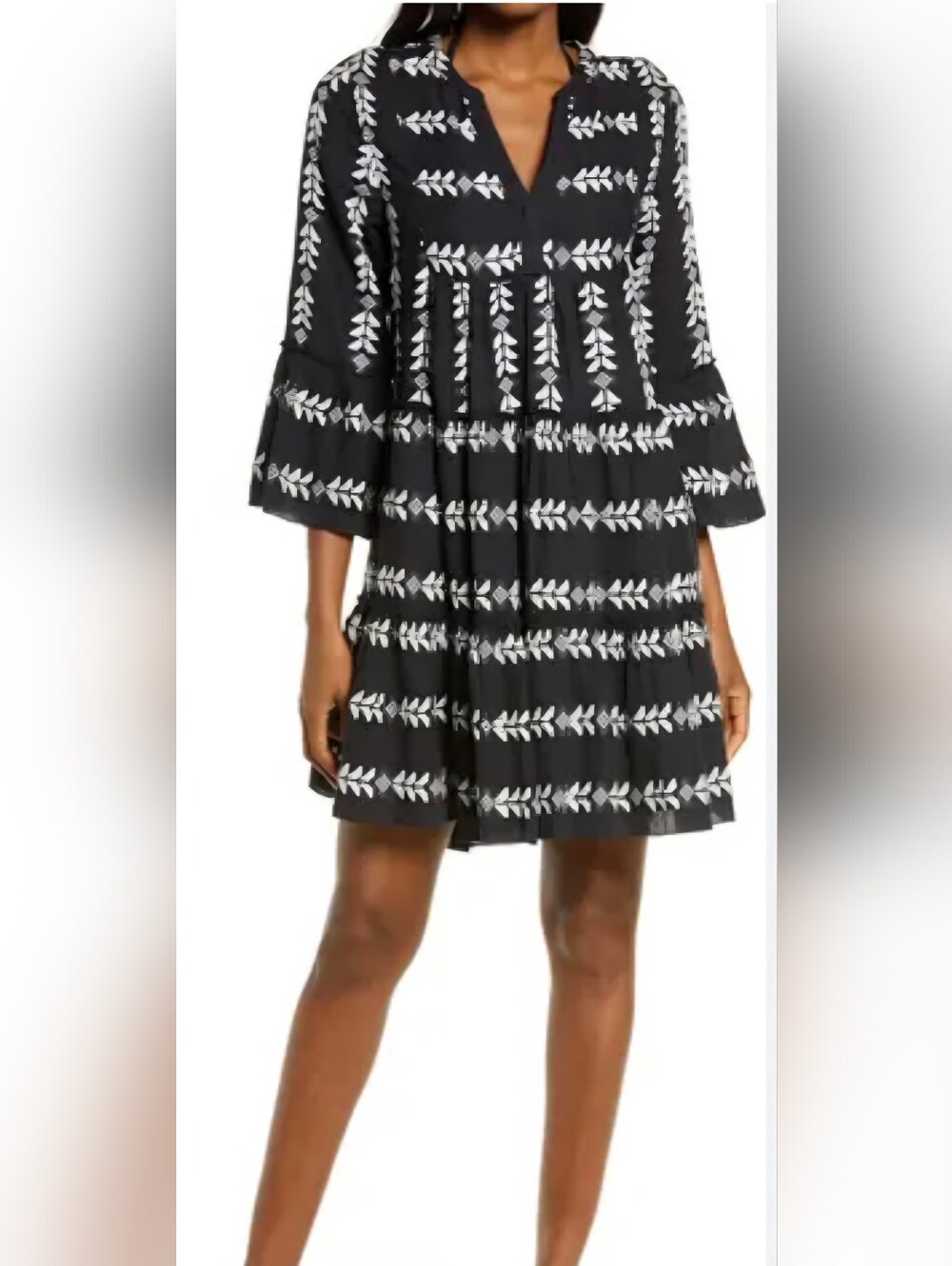 Elan Black Dress with White Embroidered Leaf Pattern